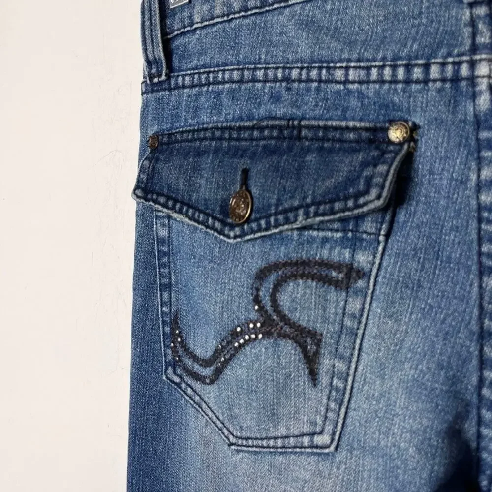 Rock & Republic Mens Taylor Bootcut Jeans 34 Embellished Flap Pockets Distressed